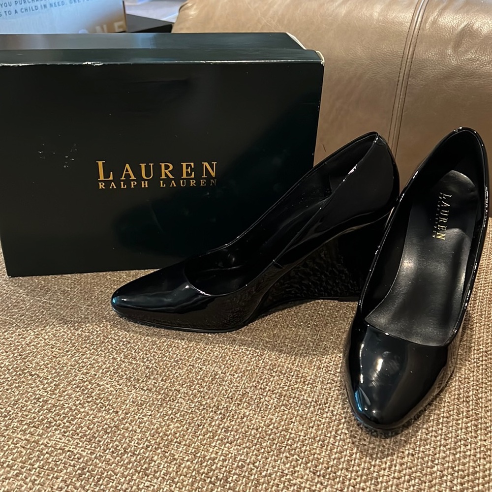 Black patent Ralph Lauren wedges.